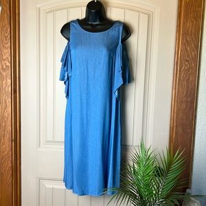 Frank Lyman cold shoulder chambray dress.